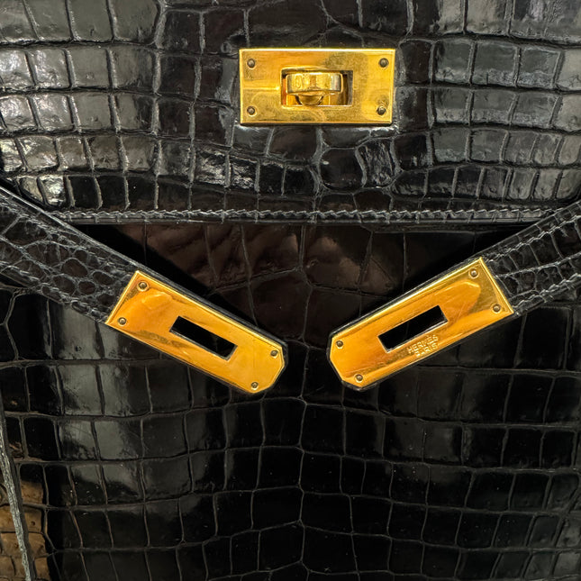 Sac Kelly 32 Cuir Croco Noir Hermès