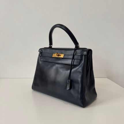 Sac Hermès Kelly 28 Cuir box Marine