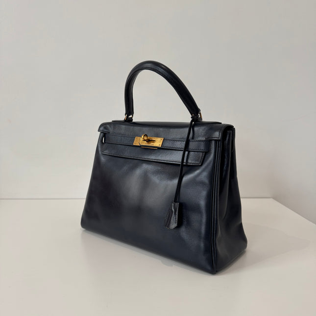Sac Hermès Kelly 28 Cuir box Marine