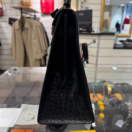 Sac Kelly 32 Cuir Croco Noir Hermès
