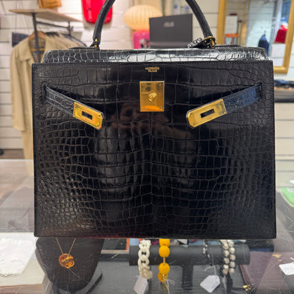 Sac Kelly 32 Cuir Croco Noir Hermès