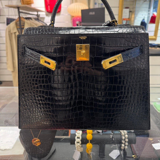 Sac Kelly 32 Cuir Croco Noir Hermès