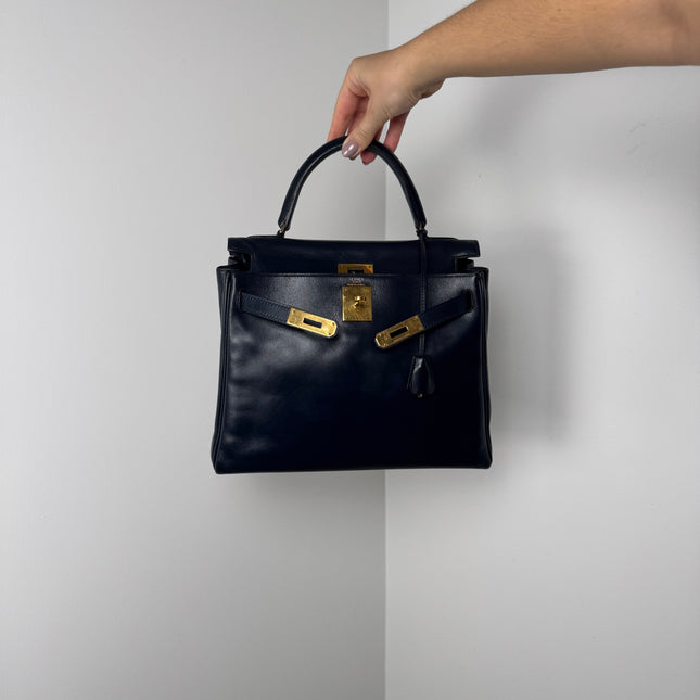 Sac Hermès Kelly 28 Cuir box Marine
