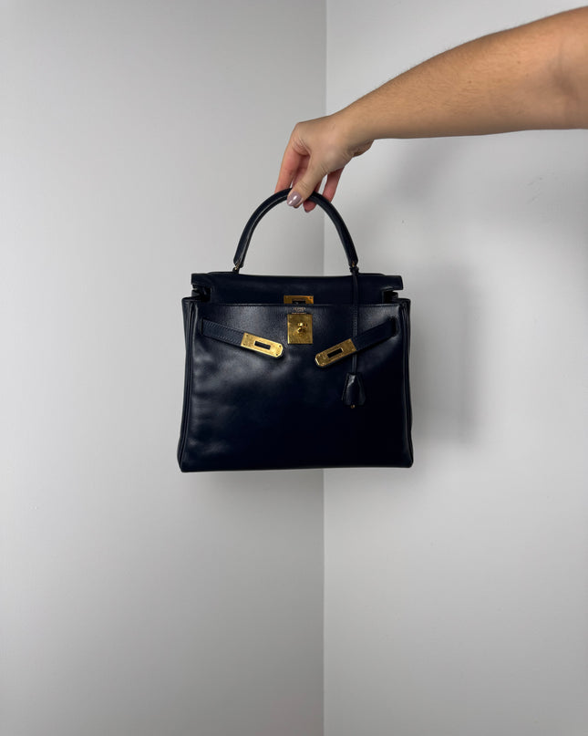Sac Hermès Kelly 28 Cuir box Marine