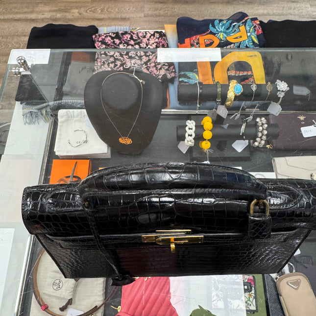 Sac Kelly 32 Cuir Croco Noir Hermès