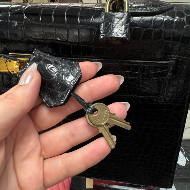 Sac Kelly 32 Cuir Croco Noir Hermès