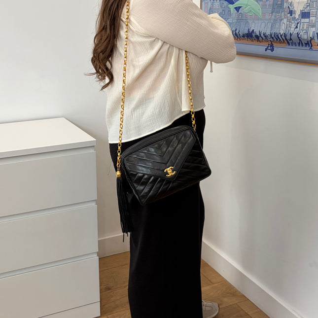 Sac Chanel Caméra Chevrons noir