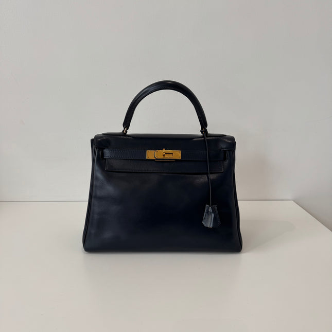 Sac Hermès Kelly 28 Cuir box Marine