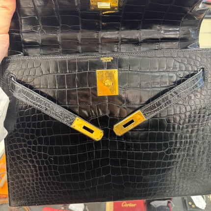 Sac Kelly 32 Cuir Croco Noir Hermès