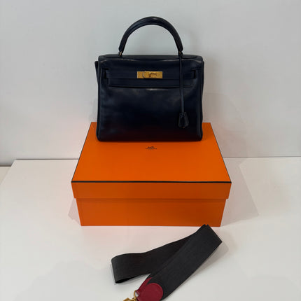 Sac Hermès Kelly 28 Cuir box Marine