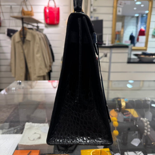 Sac Kelly 32 Cuir Croco Noir Hermès