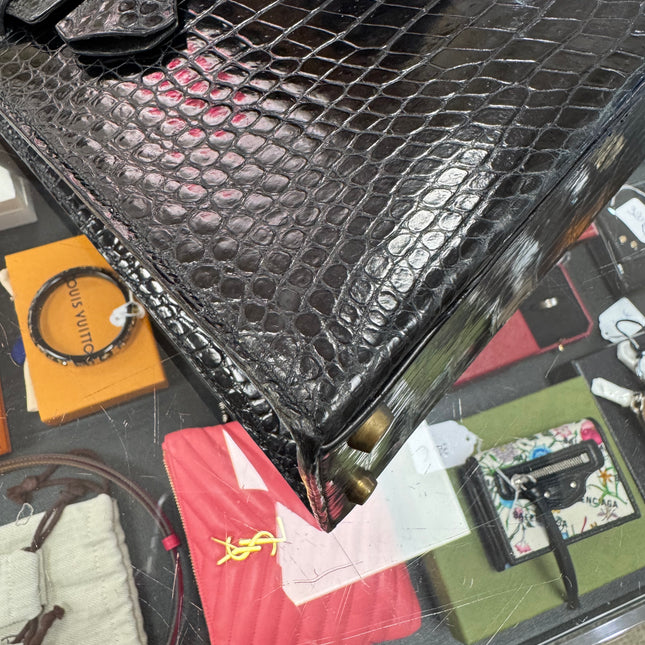 Sac Kelly 32 Cuir Croco Noir Hermès