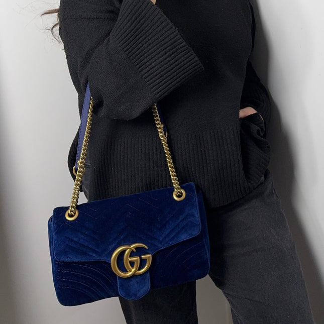Sac Gucci Grand GG Marmont Velours Bleu