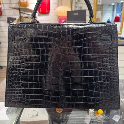 Sac Kelly 32 Cuir Croco Noir Hermès