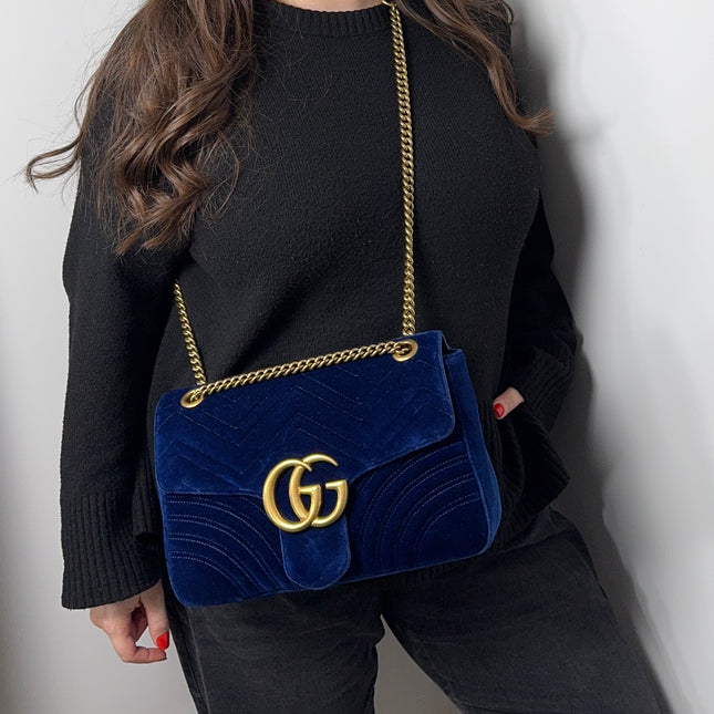 Sac Gucci Grand GG Marmont Velours Bleu