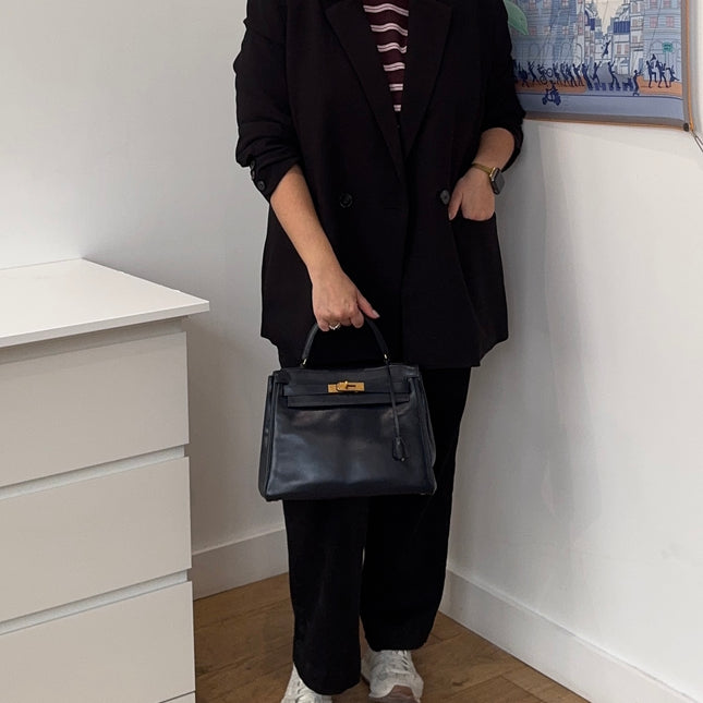 Sac Hermès Kelly 28 Cuir box Marine