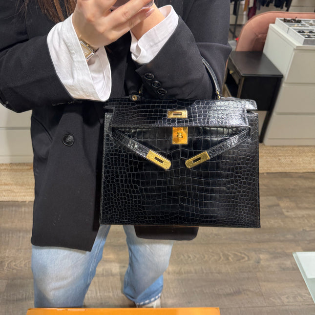 Sac Kelly 32 Cuir Croco Noir Hermès