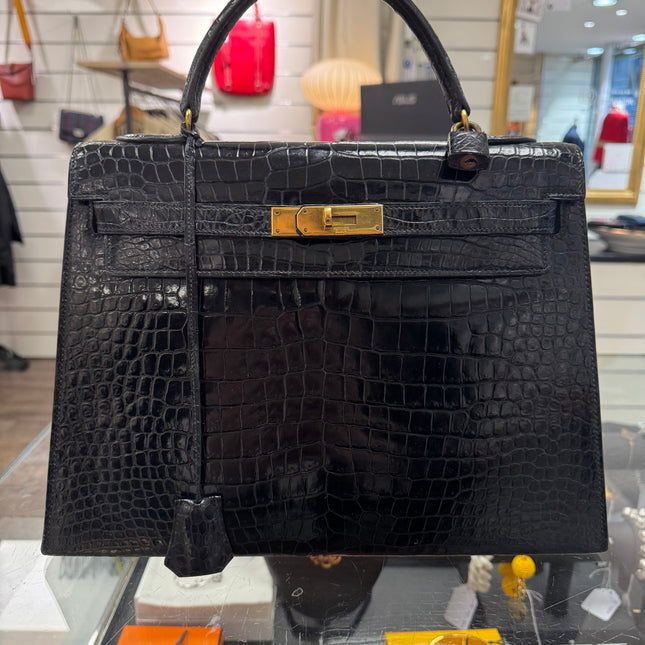 Sac Kelly 32 Cuir Croco Noir Hermès