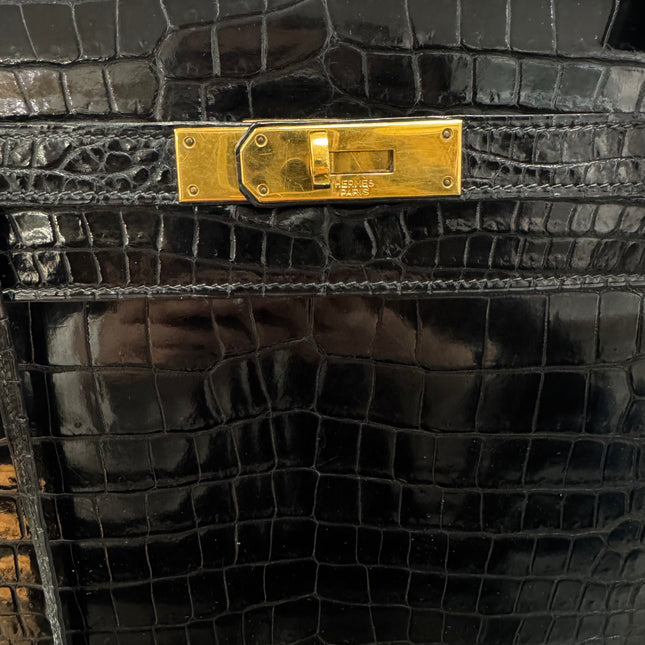 Sac Kelly 32 Cuir Croco Noir Hermès